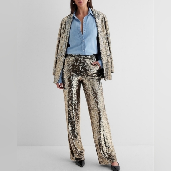 Express Sequined Metallic High Waist Wide Leg Trousers w Pockets - Picture 17 of 17